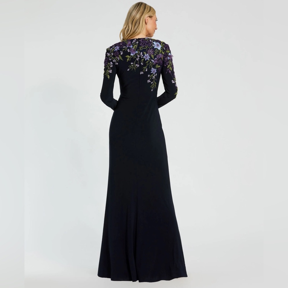 BNWT Mac Duggal Navy Embellished Long Sleeve Fitted Gown - Picture 7 of 8